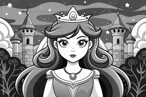 Beautiful Princess in Monochrome with Fairytale Castle