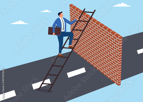 Vector illustration of a businessman climbing ladders on a wall, representing the journey of ambition, overcoming challenges
