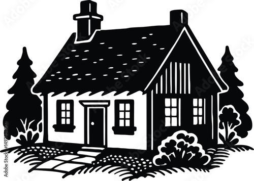 Charming black and white cottage house illustration