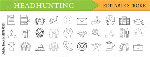  Headhunting Editable Stroke Line Icon Set Vector Recruitment Graphics