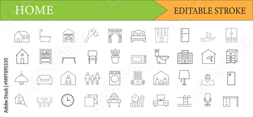 Home & Interior Editable Stroke Line Icon Set  Vector Household Graphics