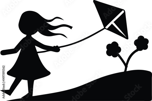Girl Flying Kite Silhouette – Windy Day Play Scene with Hill and Flowers