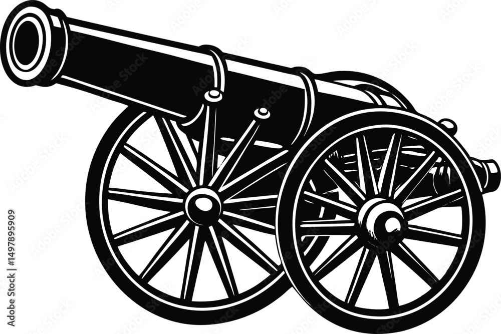 Fototapeta premium Vintage cannon illustration black and white military weapon