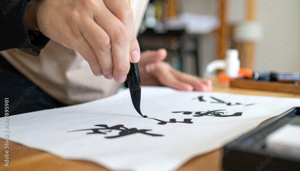 Naklejka premium Serene Calligraphy Practice in a Quiet Room with Deliberate Movements