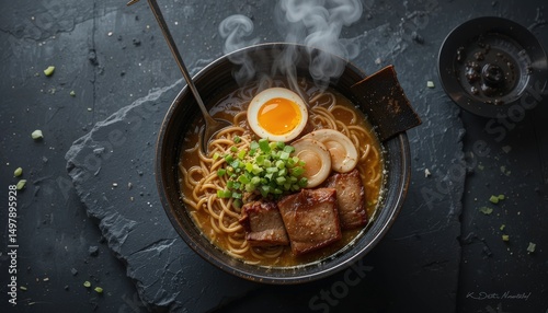 Steaming bowl of Japanese ramen with soft-boiled egg, chashu pork, and nori, overhead shot on dark slate, garnished with scallions - moody food photography