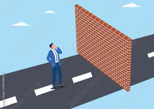 Vector illustration of a businessman standing in front of a wall blocking his path forward, representing the challenges and obstacles that hinder progress and the need for resilience