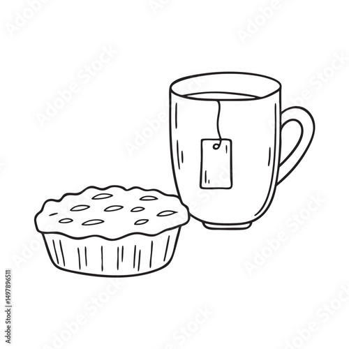 A tart next to a cup with a teabag tag hanging