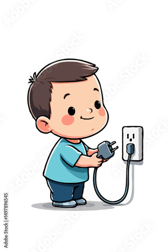  Cartoon toddler boy child playing with electrical outlet at home, isolated on white background, vector art