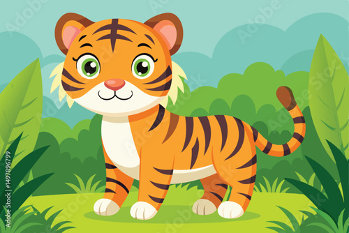 Adorable Cartoon Tiger Cub in Lush Green Jungle Setting