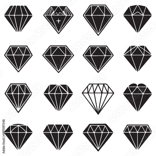 Diamonds set silhouette, Diamond icon set. Different shapes of diamond cuts. Dimond icon set in flat style. Abstract black diamond collection icons. Gemstone icon set. Diamonds logo design.