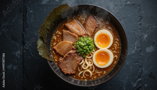 Steaming bowl of Japanese ramen with soft-boiled egg, chashu pork, and nori, overhead shot on dark slate, garnished with scallions - moody food photography