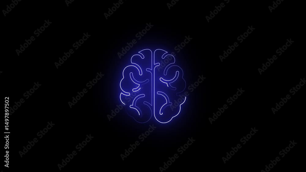 Human brain icon with neon light running through the meanders to generated by computer software 4k video.
