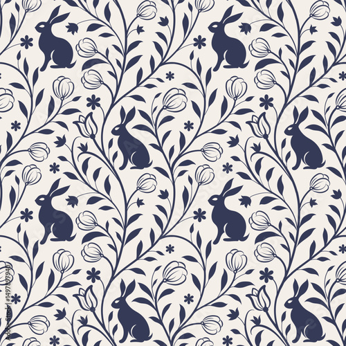 rabbit and Floral seamless original pattern in vintage paisley style