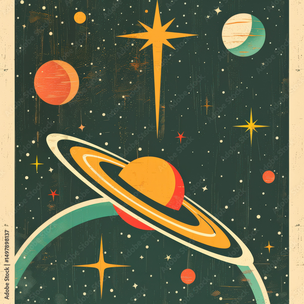 Naklejka premium Retro space illustration with planets and stars in vintage style