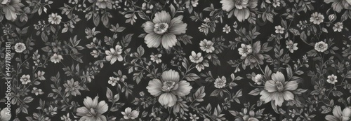 Charcoal small floral wallpaper Vintage repeat pattern with delicate blooms and leaves , romantic, classic