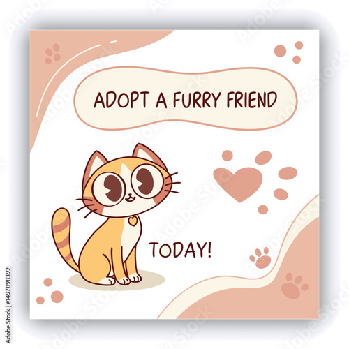 Adopt, don't shop! Creative square banner template. Naive illustration with young woman, who hugging her adopted dog with big heart on background. Flat style. Kawaii clip art with french bulldog.