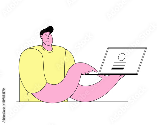 Man holding laptop and logging in. Profile with personal data. Vector illustration of profile security and privacy policy concept.