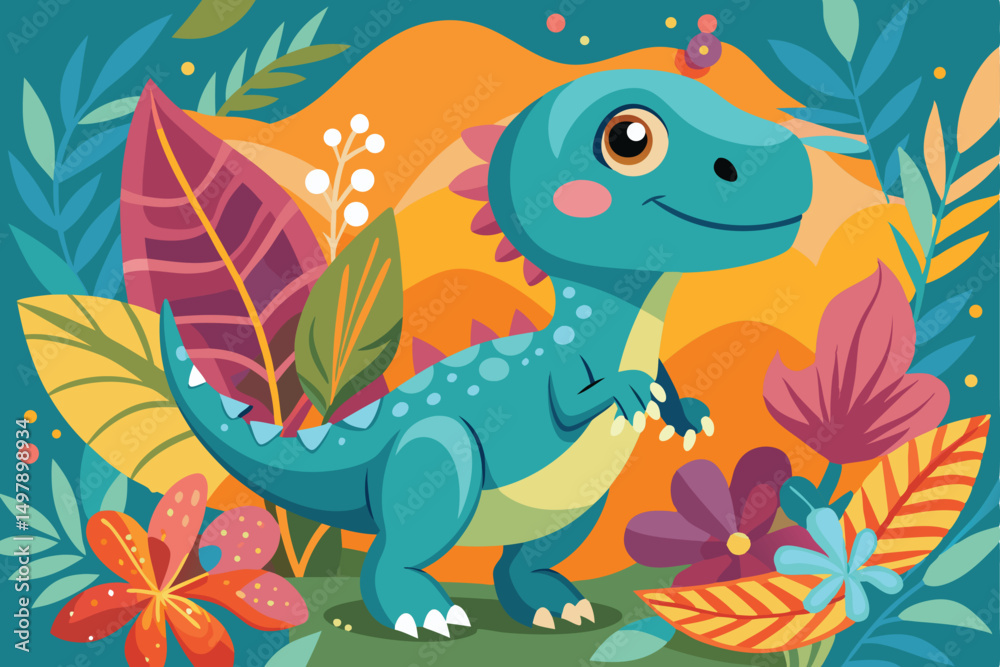 Obraz premium Cute Cartoon Dinosaur in Vibrant Tropical Garden