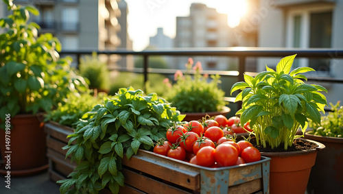 Urban gardening on balcony - photorealistic scene of growing vegetables and herbs in recycled containers on apartment balcony. 