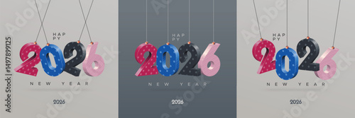 Happy New Year 2026 with 3D texture hanging number. Greeting concept for 2026 New Year celebration