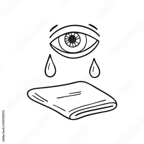 A tear falling from an eye beside a folded handkerchief