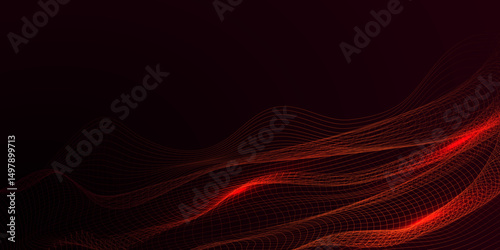 Abstract wavy red curved line on dark black background. vector futuristic background with particle waves Beautiful shaped array of glowing line. abstract volume voice technology vibrate and music bg.	 photo