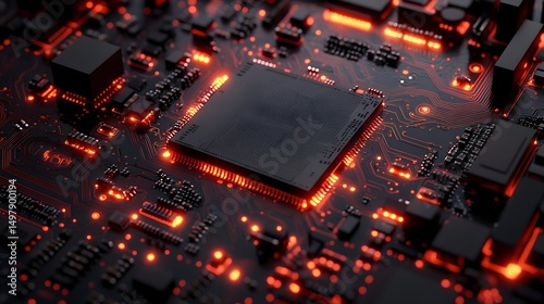 Close-up of a dark CPU on a circuit board, glowing orange along its edges and pathways