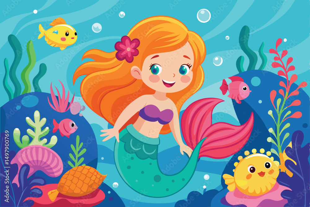 Fototapeta premium Adorable Little Mermaid Swimming Underwater with Colorful Fish