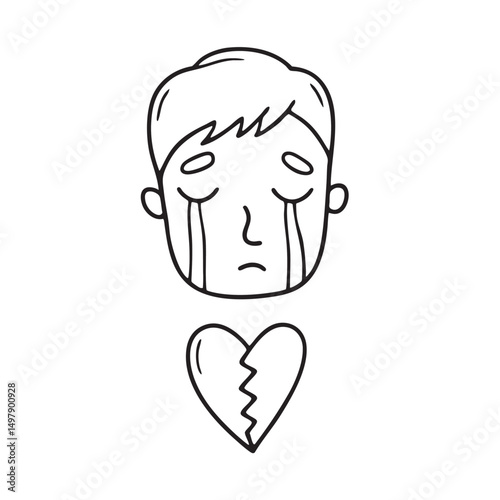 Tears dripping from man eyes beside a broken heart symbol
