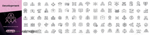 Development Line Editable Icons set. Vector illustration in modern thin line style of business development icons: teams, leadership, awards, project planning, growth, and professional achievement. Iso