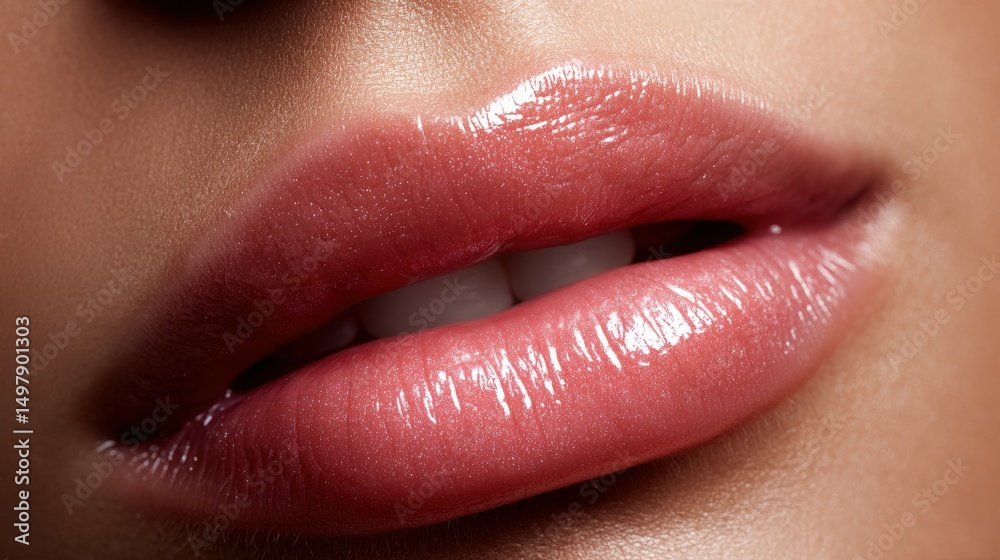 Fototapeta premium Close-up of glossy lips showcasing a natural beauty look in soft lighting
