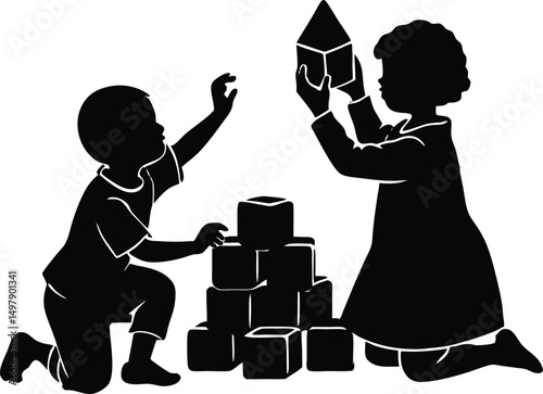 Kids Playing with Blocks Silhouette