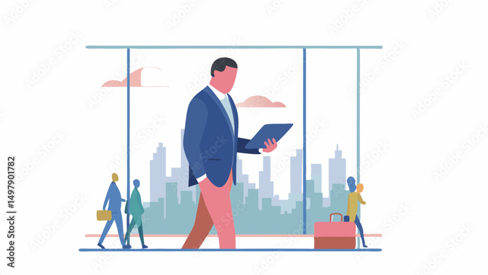 Obraz premium Illustration of a businessman holding a tablet in front of a cityscape with other people nearby