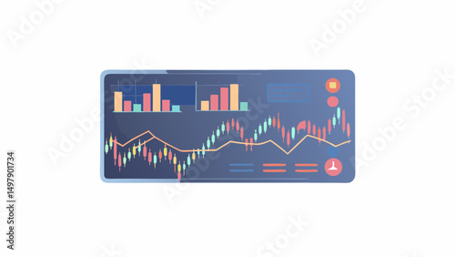 Illustration of a screen displaying financial charts with bar graphs and line graphs on a dark background
