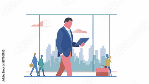 Illustration of a businessman holding a tablet in front of a cityscape with other people nearby