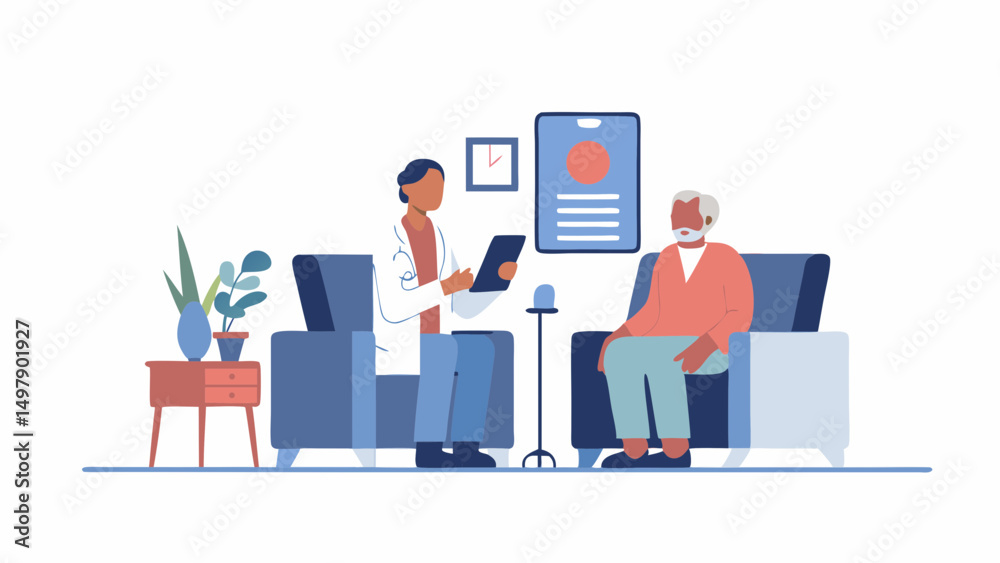 Doctor consulting with elderly patient in office setting with medical chart and microphone present here Doctor consulting with elderly patient in office setting with medical chart and microphone present here