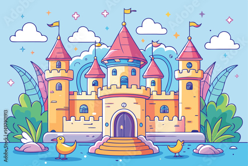 Cute Cartoon Castle Illustration with Ducks and Clouds