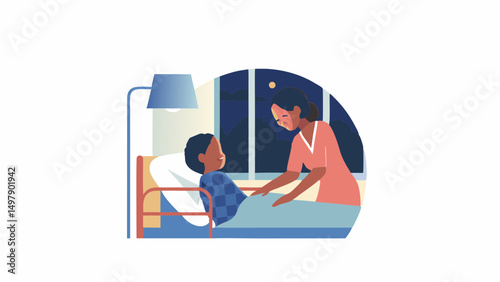 A woman in a peach dress tending to a child in a hospital bed with a lamp and window at night time