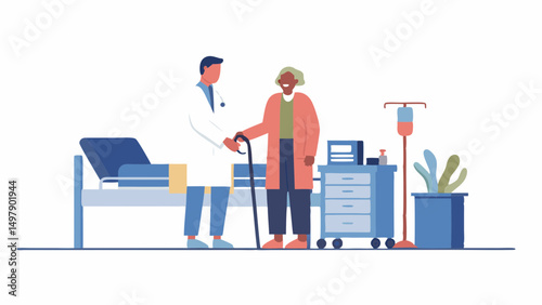 Illustration of doctor assisting elderly woman with cane in hospital room with medical equipment