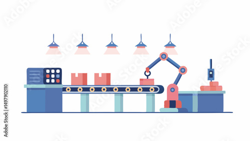 Illustration of automated factory line with conveyor belt robotic arm and overhead lighting system setup