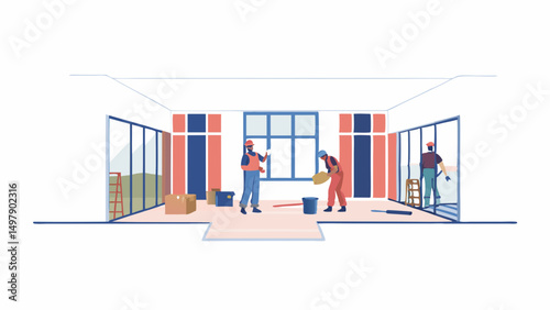 Three workers renovating an interior room with a large window, ladder, and construction materials present