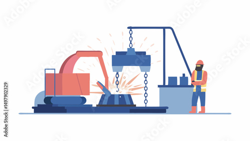 Illustration of a welding process with a worker, crane, and sparks in a manufacturing setting scene