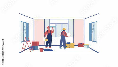 Two workers in overalls renovating a room with paint buckets and a ladder, preparing the walls carefully
