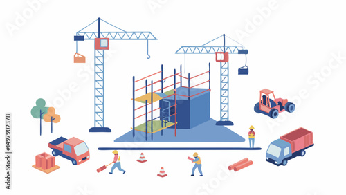 Isometric construction site with cranes scaffolding workers trucks and building under construction project view