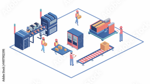 Isometric view of a manufacturing plant with workers, machinery, and conveyor belts in operation area