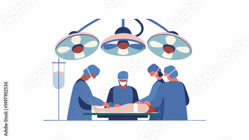 Illustration of a surgical team performing an operation under bright operating room lights in blue tones