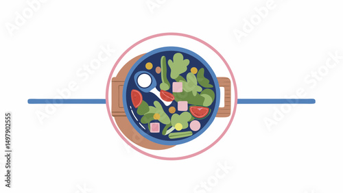 Overhead view of a salad in a blue bowl on a wooden tray with a pink rim and blue handles extending out