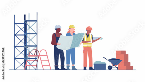Construction workers reviewing blueprint near scaffolding and building materials on a construction site scene