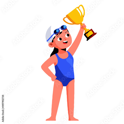  Cartoon female swimmer athlete character smiling with trophy cup reward, isolated on white background, vector art