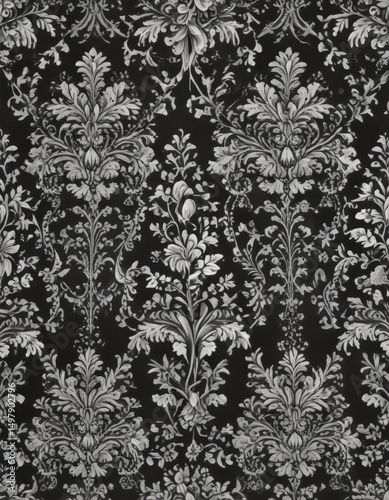 Intricate black & white damask; repeating floral & leaf motif , design, monochrome